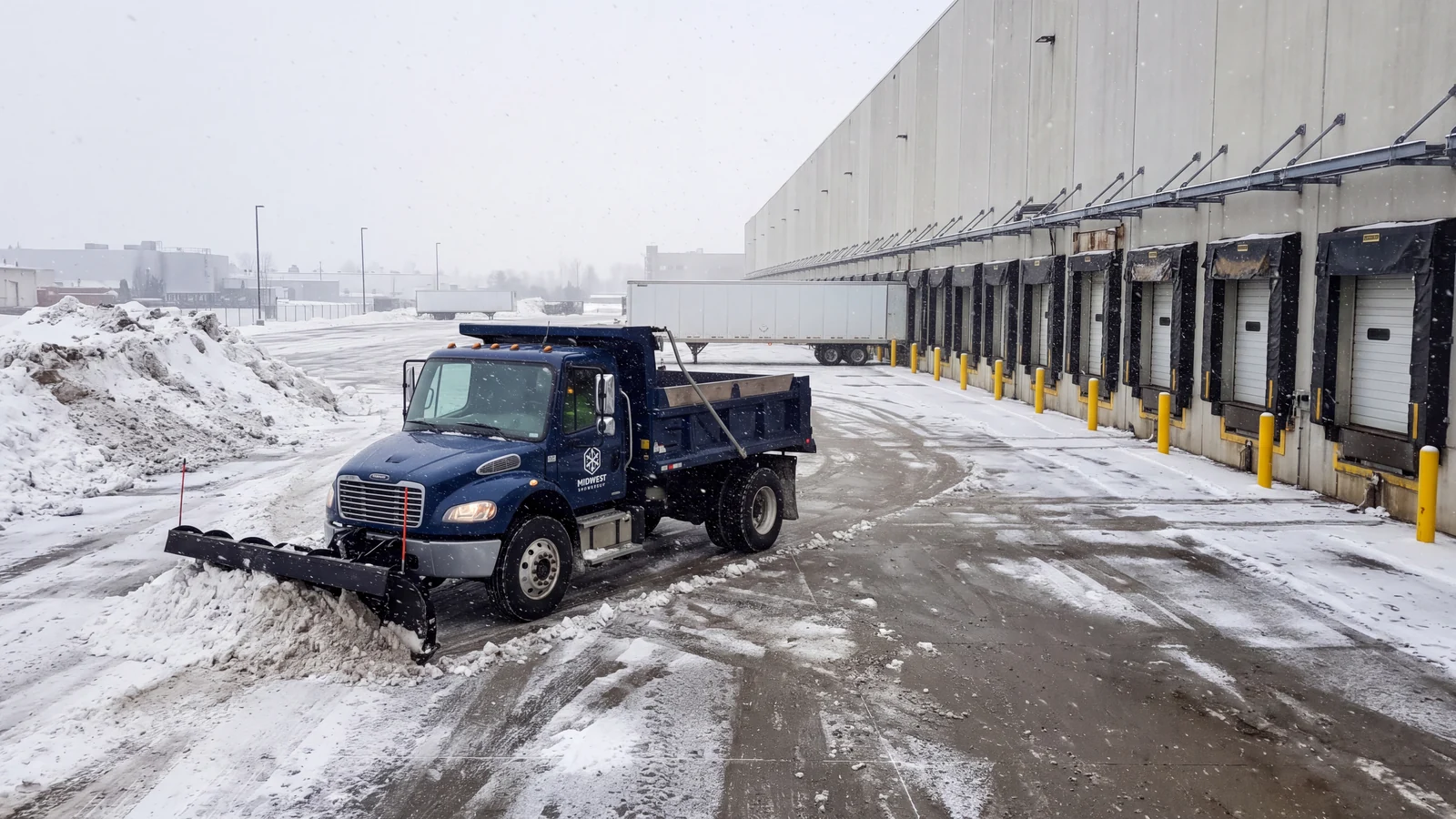 A custom brand scene of a Midwest Freightliner dump plow clearing heavy wet snow beside warehouse loading docks.